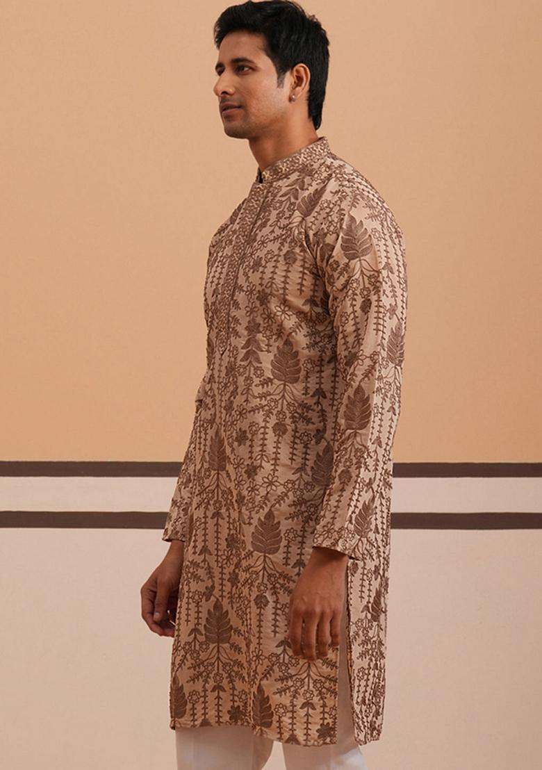 Brown Embroidery Cotton Kurta For Men - Indya