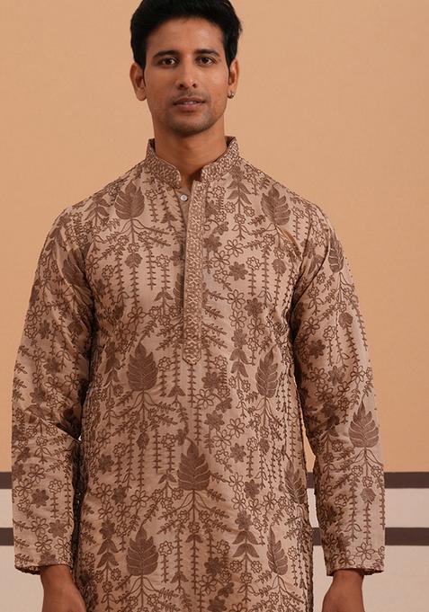 Brown Embroidery Cotton Kurta For Men