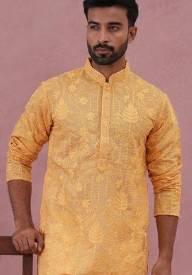 Yellow Embroidery Cotton Kurta For Men