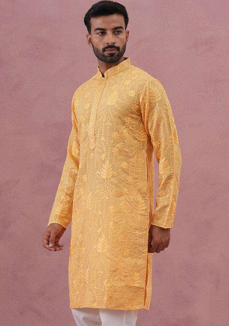 Yellow Embroidery Cotton Kurta For Men - Indya