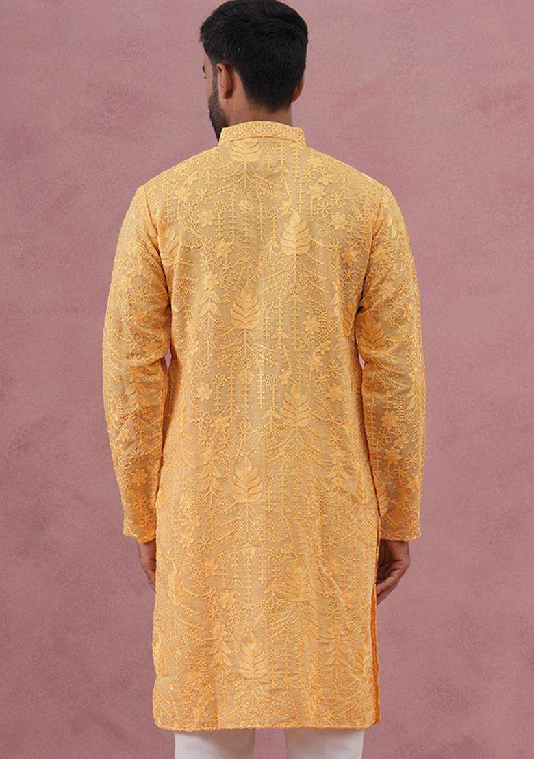 Yellow Embroidery Cotton Kurta For Men - Indya