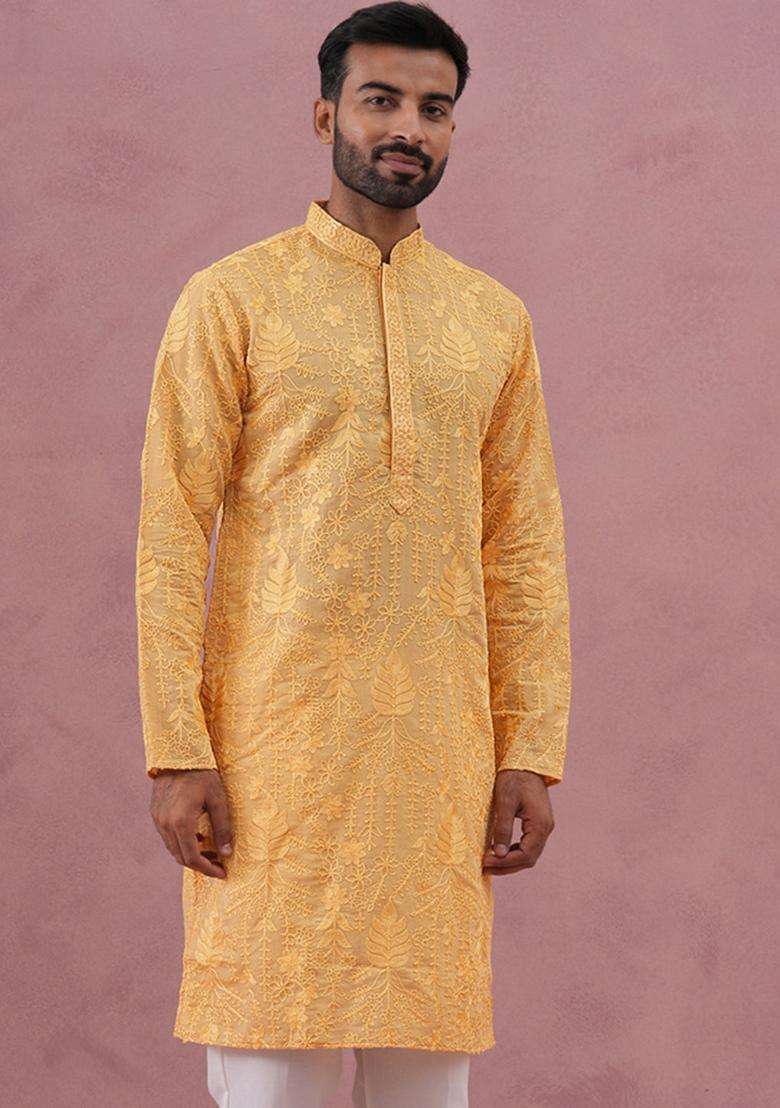 Yellow Embroidery Cotton Kurta For Men - Indya