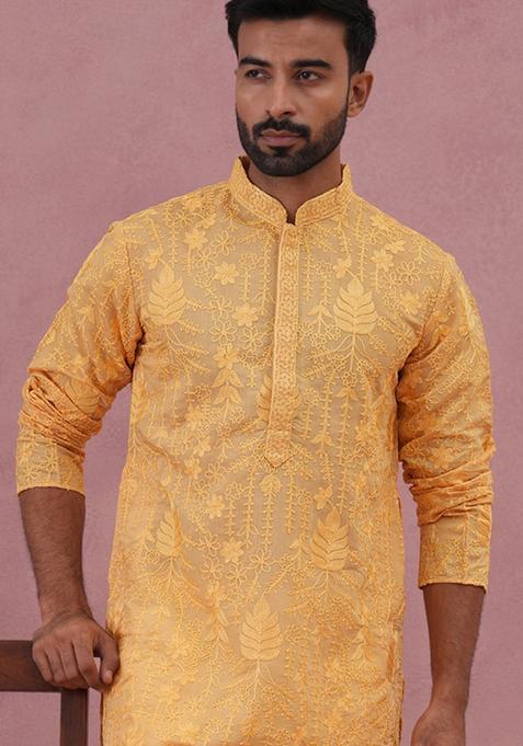 Yellow Embroidery Cotton Kurta For Men