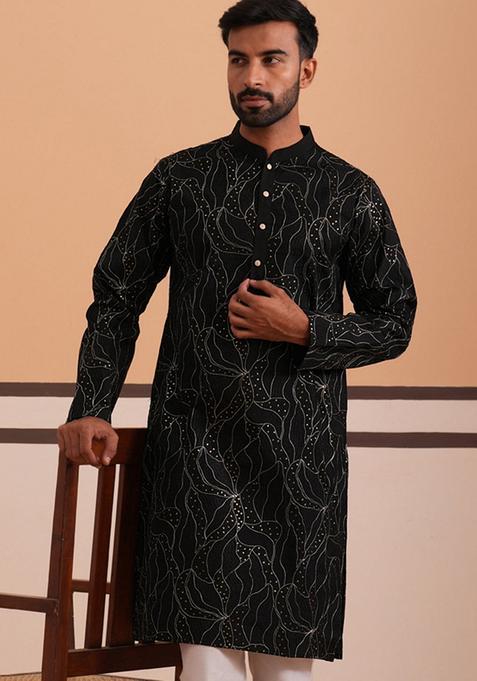 Black Embroidery Cotton Kurta For Men