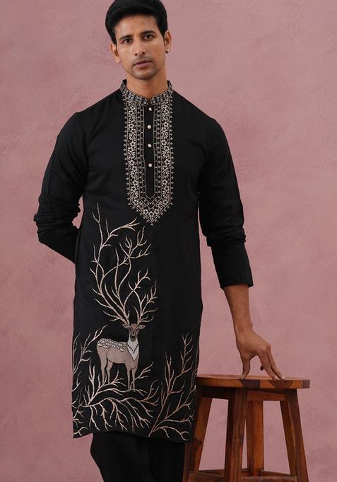 Black Embroidery Cotton Kurta For Men