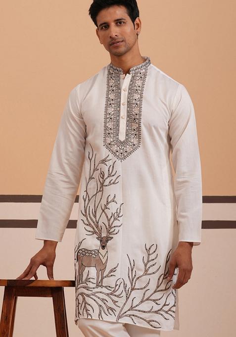 White Embroidery Cotton Kurta For Men