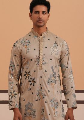 Beige Embroidery Cotton Kurta For Men