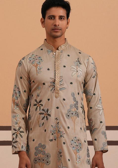 Beige Embroidery Cotton Kurta For Men