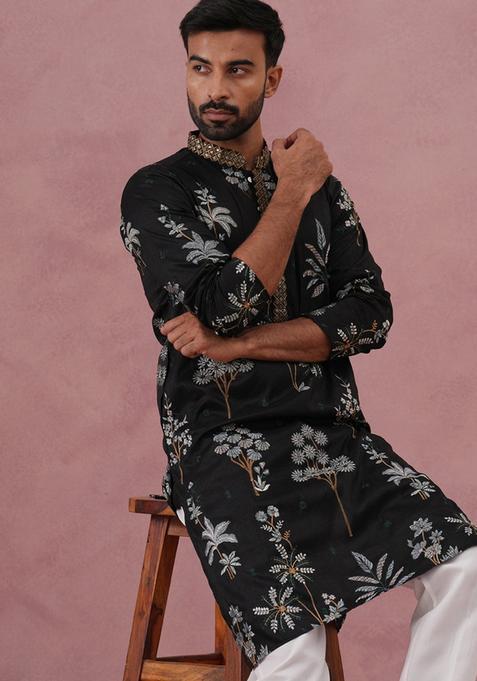 Black Embroidery Cotton Kurta For Men