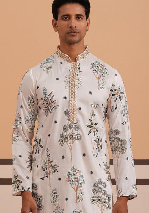 White Embroidery Cotton Kurta For Men