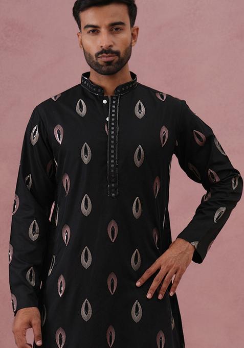 Black Embroidery Cotton Kurta For Men