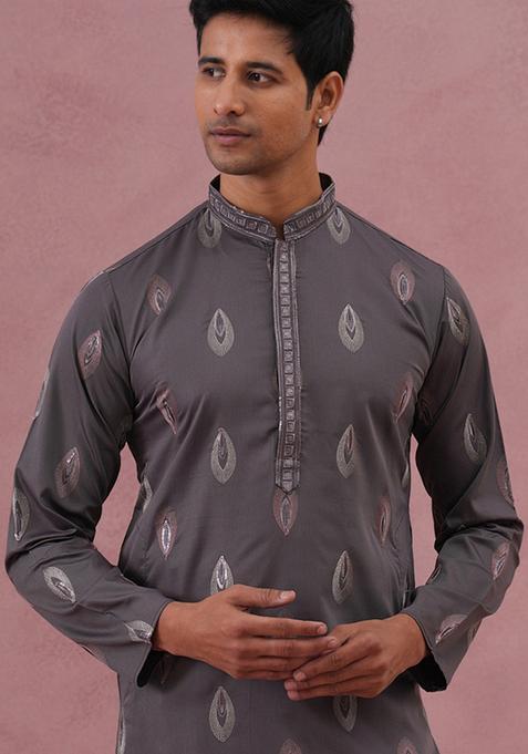 Grey Embroidery Cotton Kurta For Men