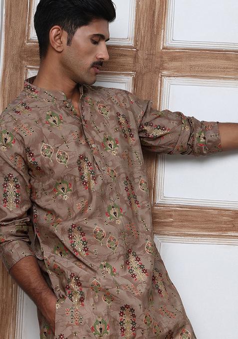 Brown Printed Cotton Kurta For Men