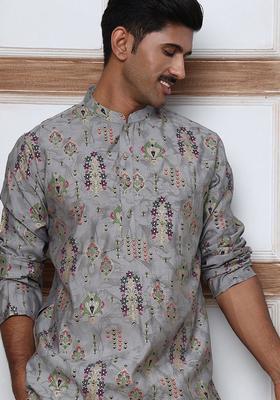 Grey Printed Cotton Kurta For Men