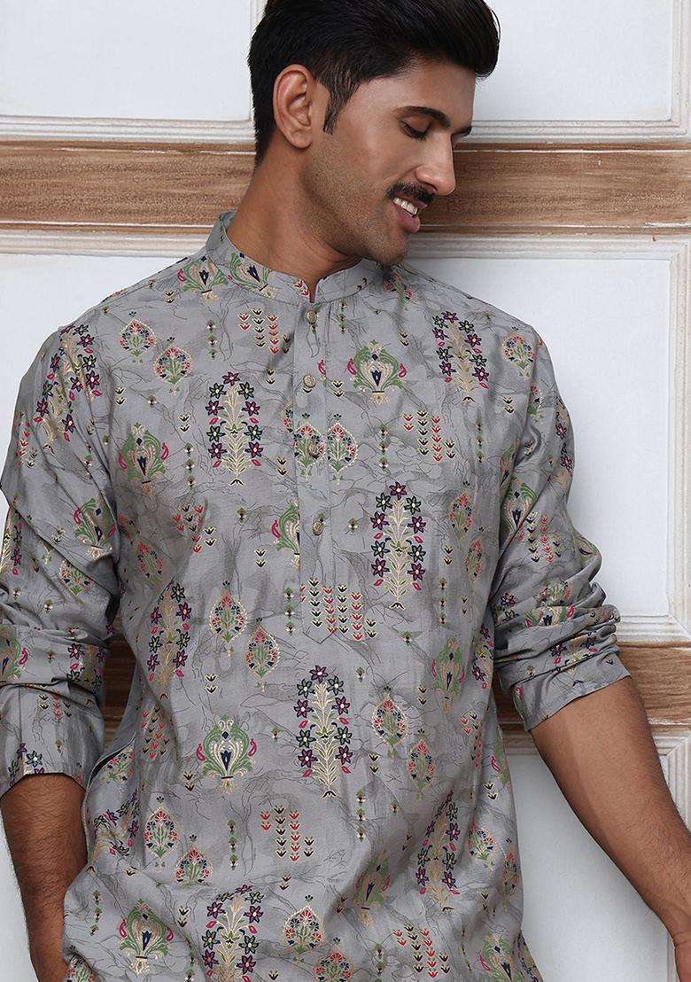 Grey Printed Cotton Kurta For Men - Indya