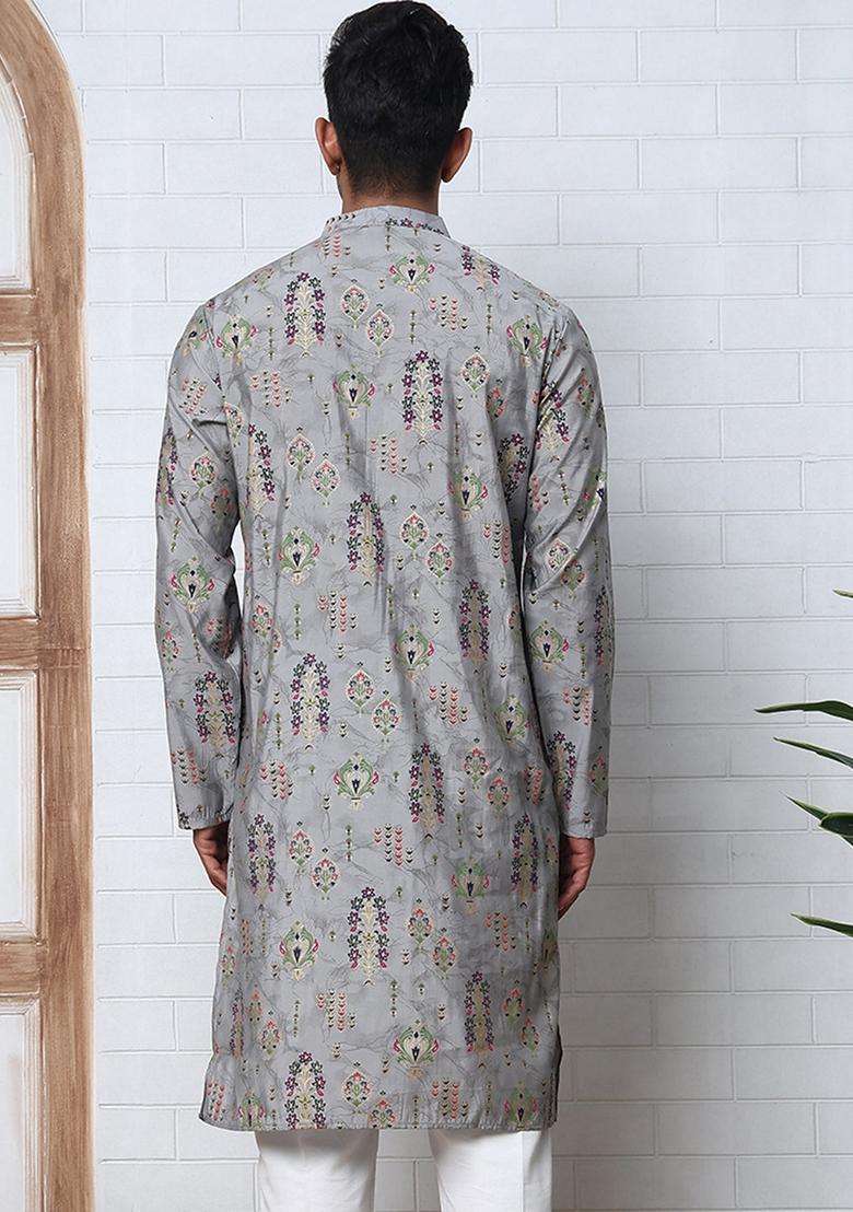Grey Printed Cotton Kurta For Men - Indya