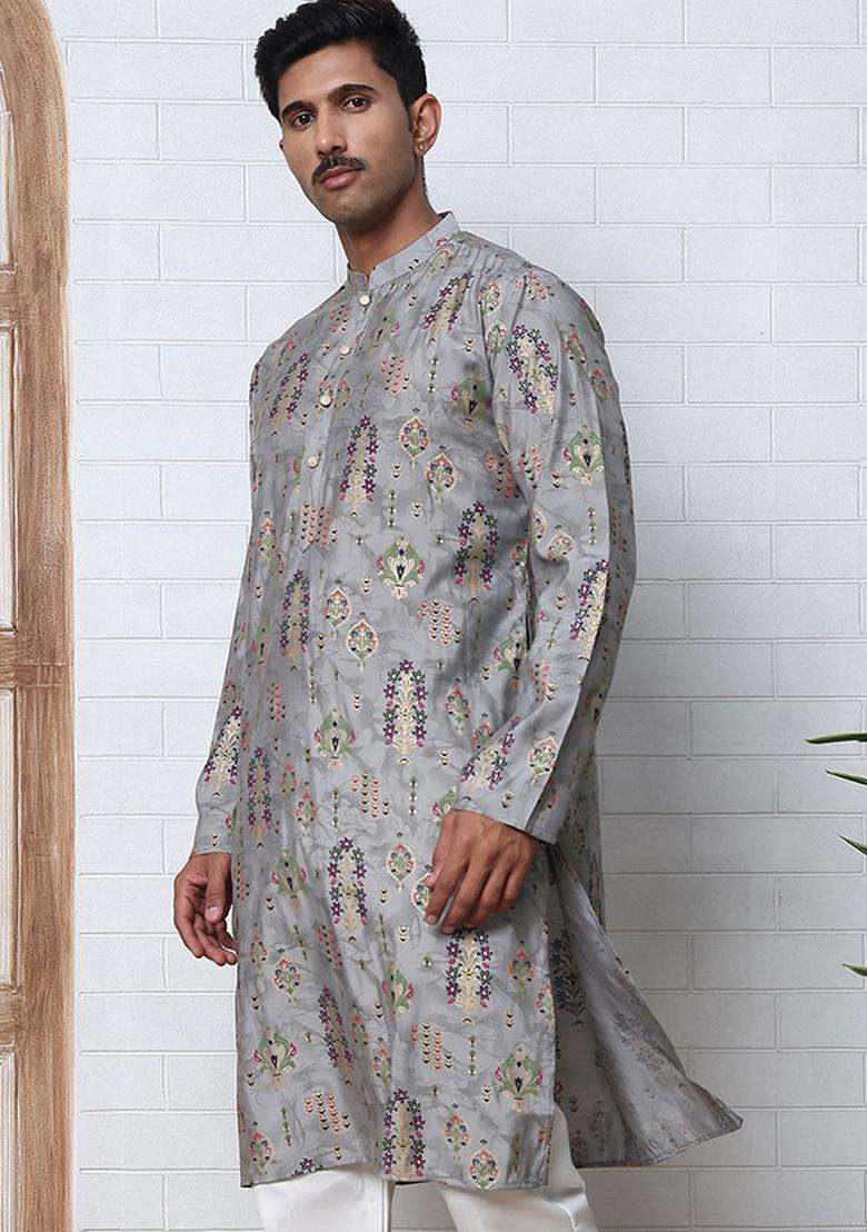 Grey Printed Cotton Kurta For Men - Indya