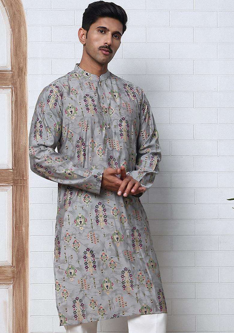 Grey Printed Cotton Kurta For Men - Indya