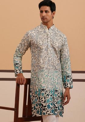 Blue Printed Cotton Kurta For Men