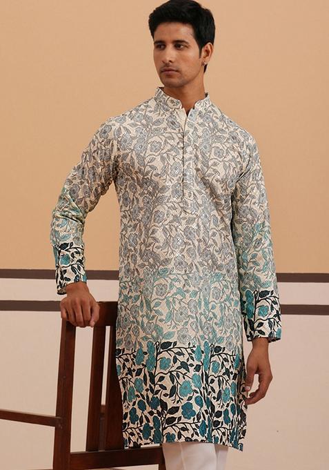 Blue Printed Cotton Kurta For Men