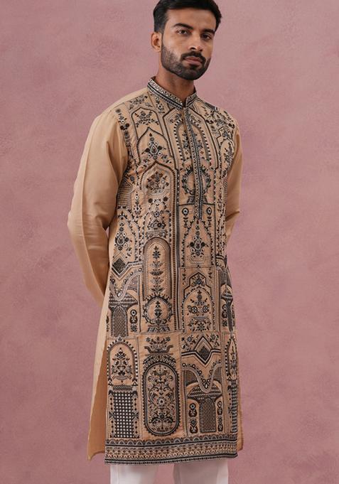 Beige Embroidery Cotton Kurta For Men