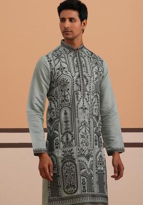 Blue Embroidery Cotton Kurta For Men