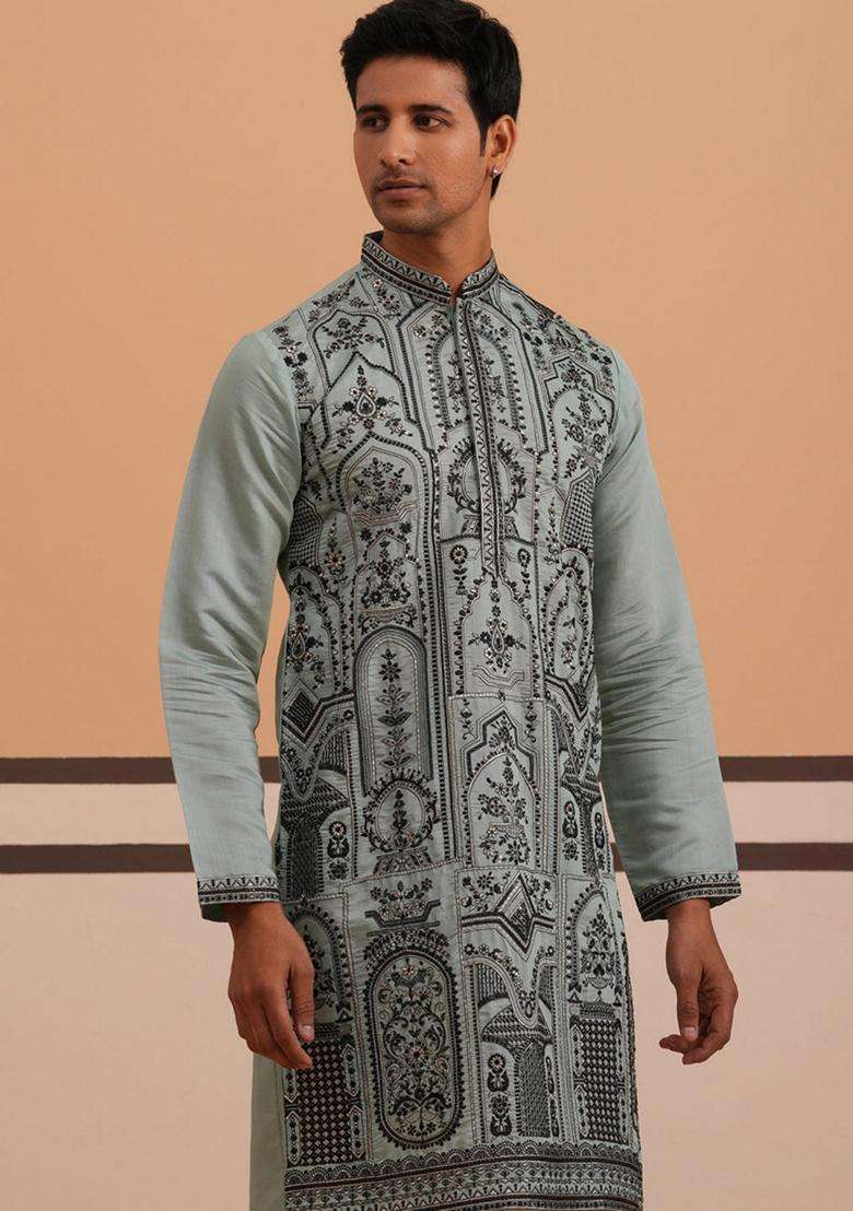 Blue Embroidery Cotton Kurta For Men - Indya