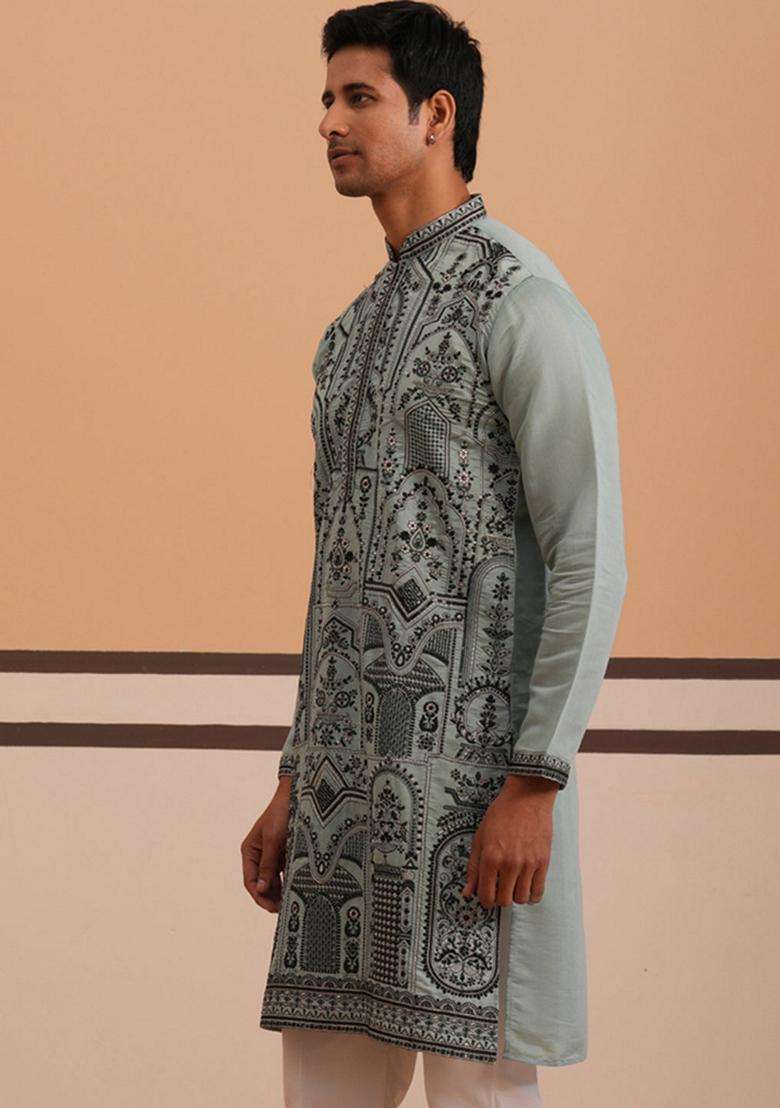 Blue Embroidery Cotton Kurta For Men - Indya