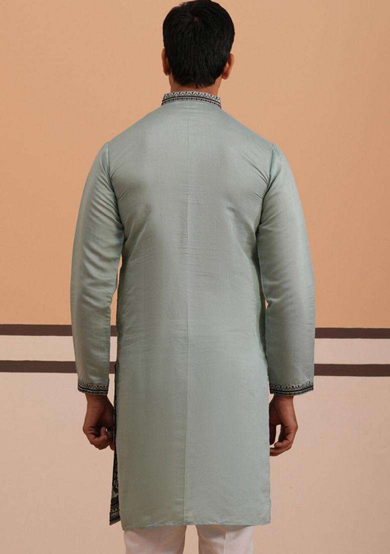 Blue Embroidery Cotton Kurta For Men - Indya