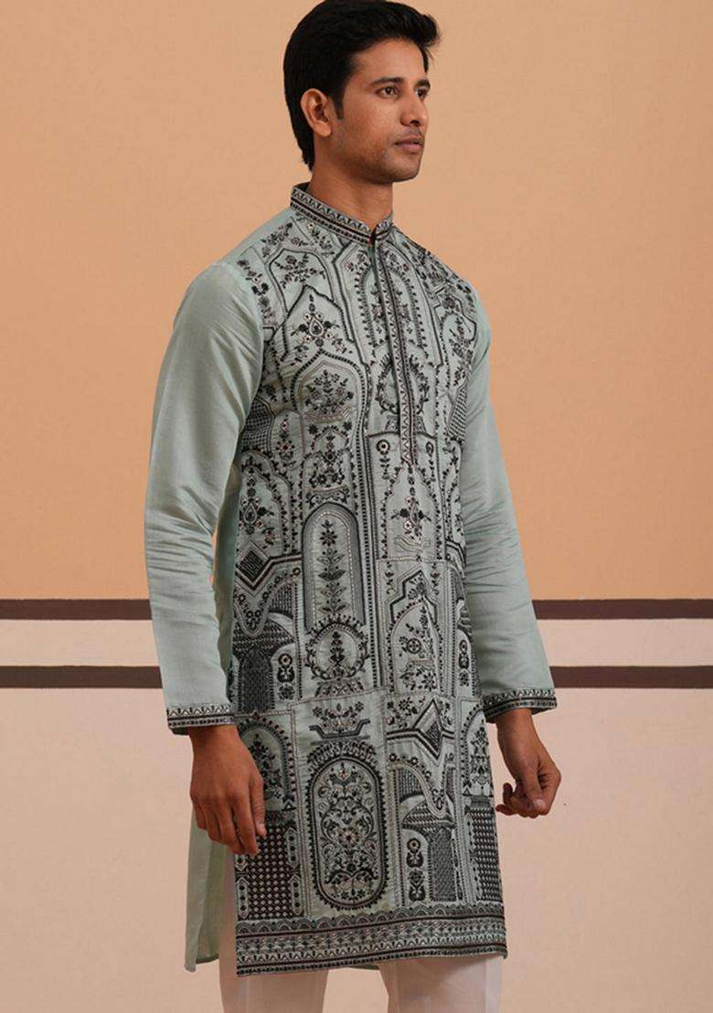 Blue Embroidery Cotton Kurta For Men - Indya