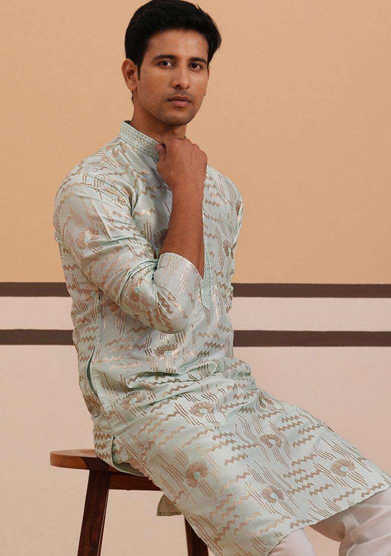 Blue Embroidery Cotton Kurta For Men - Indya