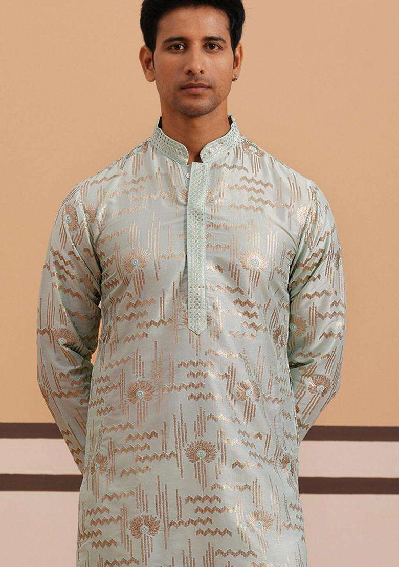 Blue Embroidery Cotton Kurta For Men - Indya