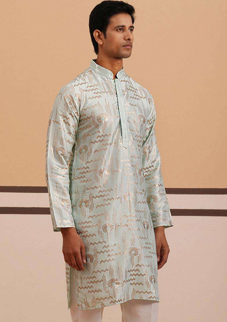 Blue Embroidery Cotton Kurta For Men - Indya