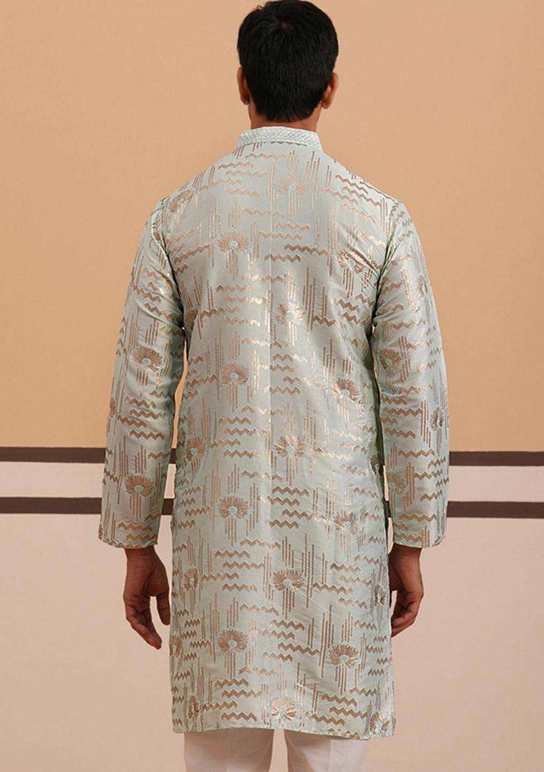 Blue Embroidery Cotton Kurta For Men - Indya