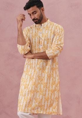 Yellow Printed Cotton Kurta For Men