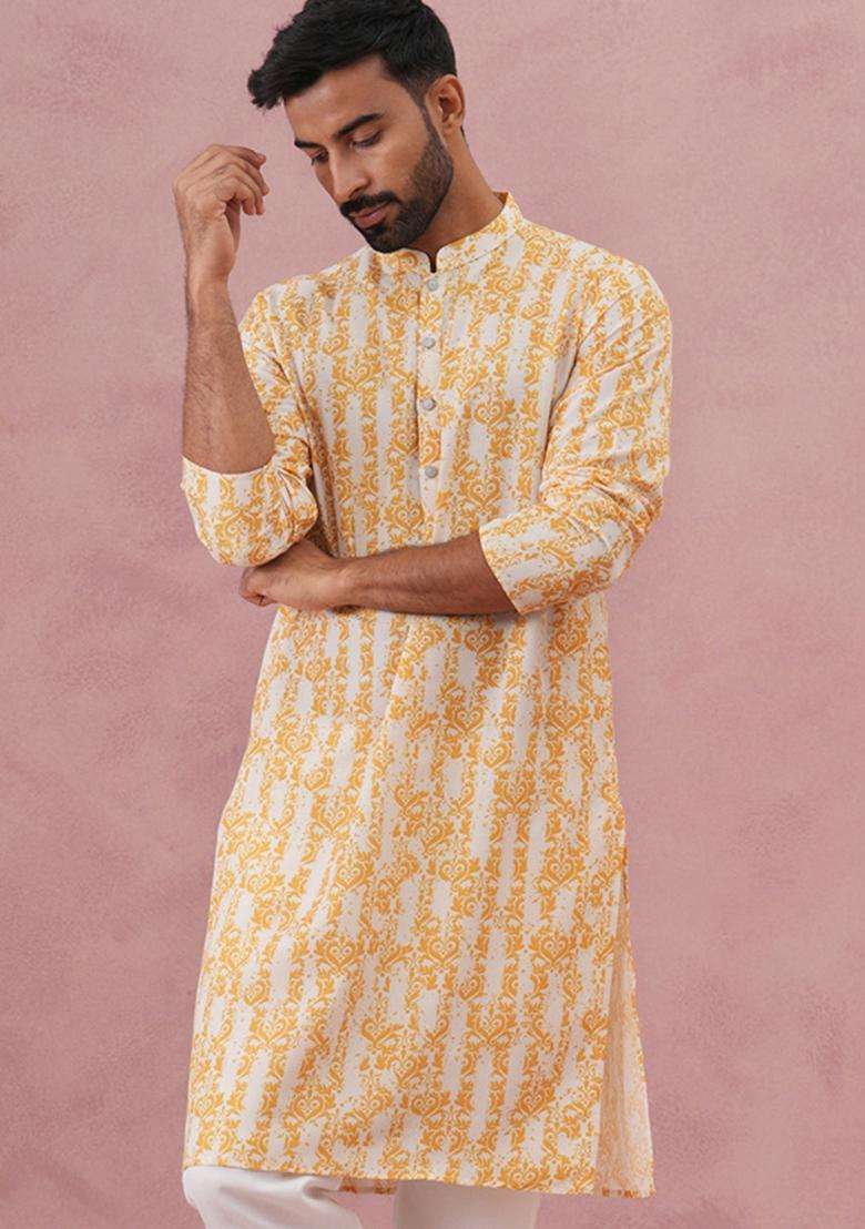 Yellow Printed Cotton Kurta For Men - Indya