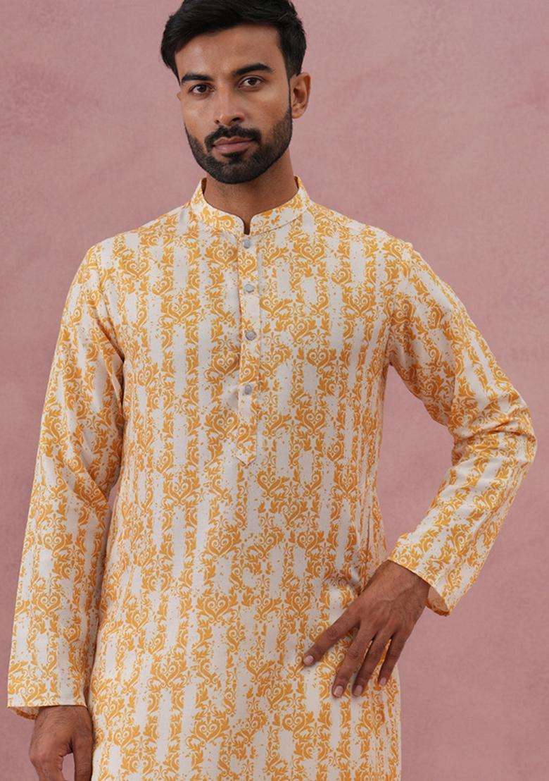 Yellow Printed Cotton Kurta For Men - Indya