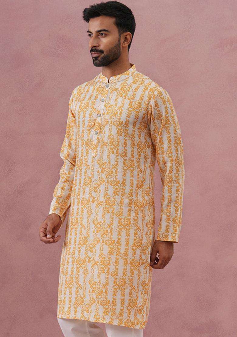 Yellow Printed Cotton Kurta For Men - Indya