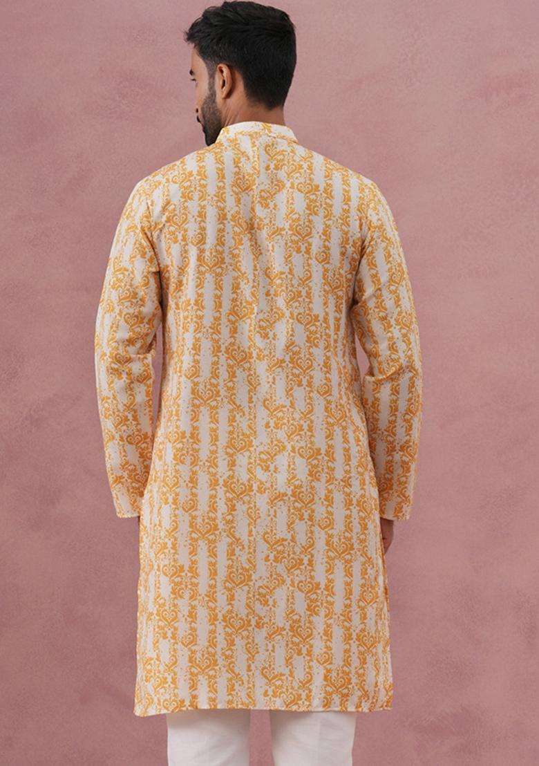 Yellow Printed Cotton Kurta For Men - Indya