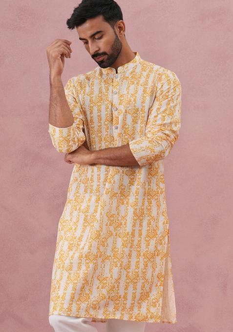 Yellow Printed Cotton Kurta For Men