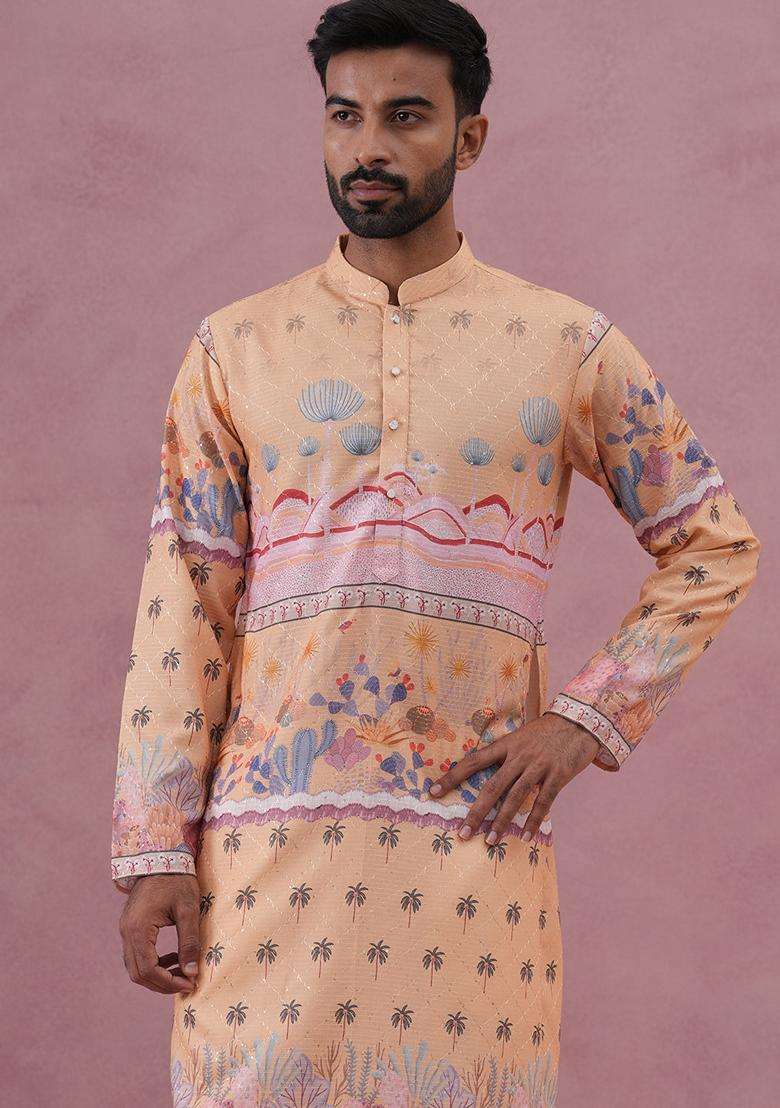 Yellow Printed Cotton Kurta For Men - Indya