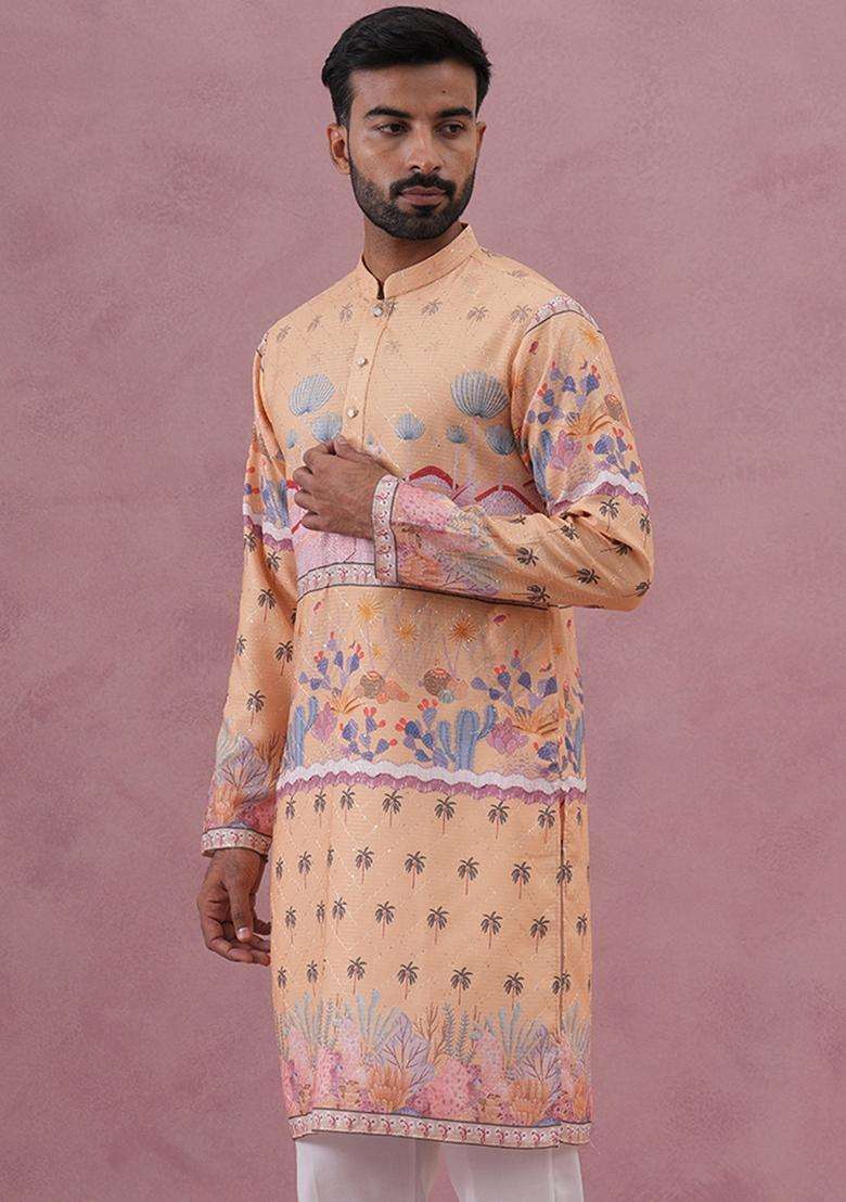 Yellow Printed Cotton Kurta For Men - Indya