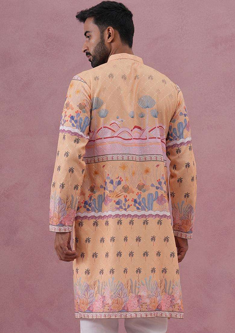 Yellow Printed Cotton Kurta For Men - Indya