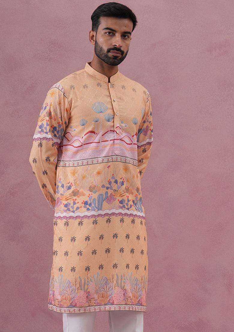 Yellow Printed Cotton Kurta For Men - Indya