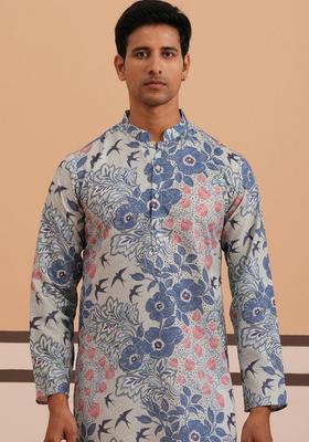 Blue Printed Cotton Kurta For Men