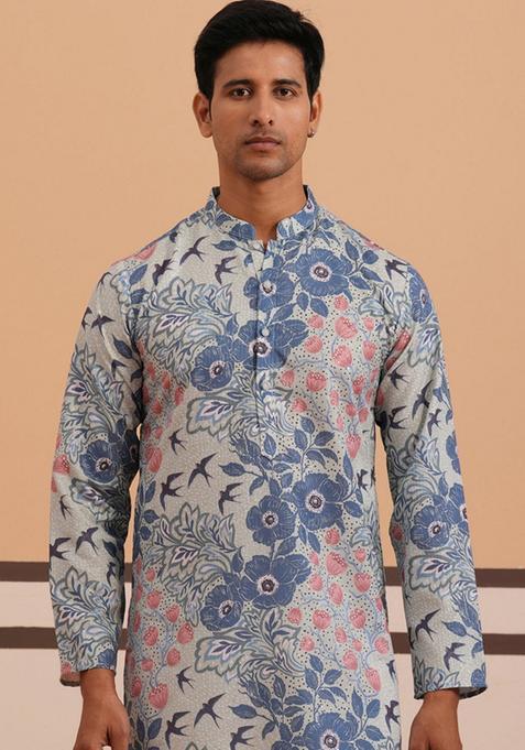 Blue Printed Cotton Kurta For Men