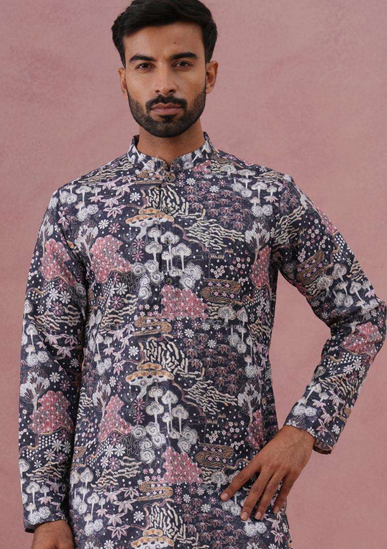 Grey Printed Cotton Kurta For Men - Indya
