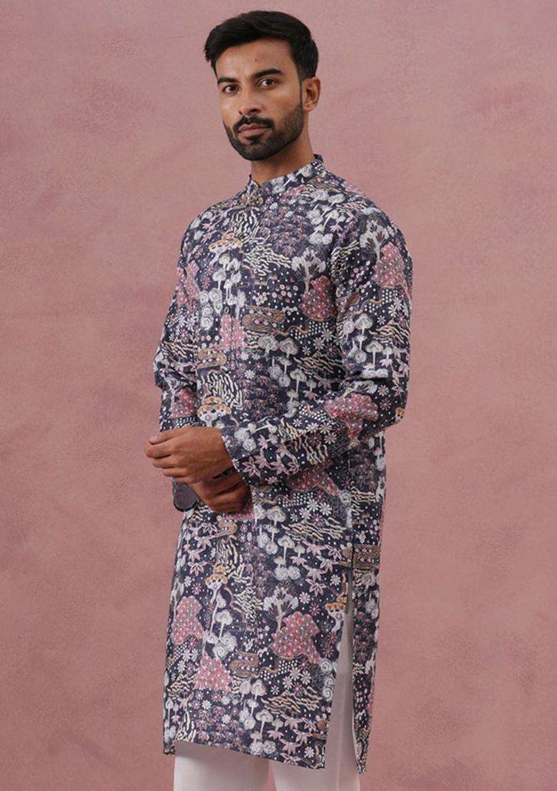 Grey Printed Cotton Kurta For Men - Indya