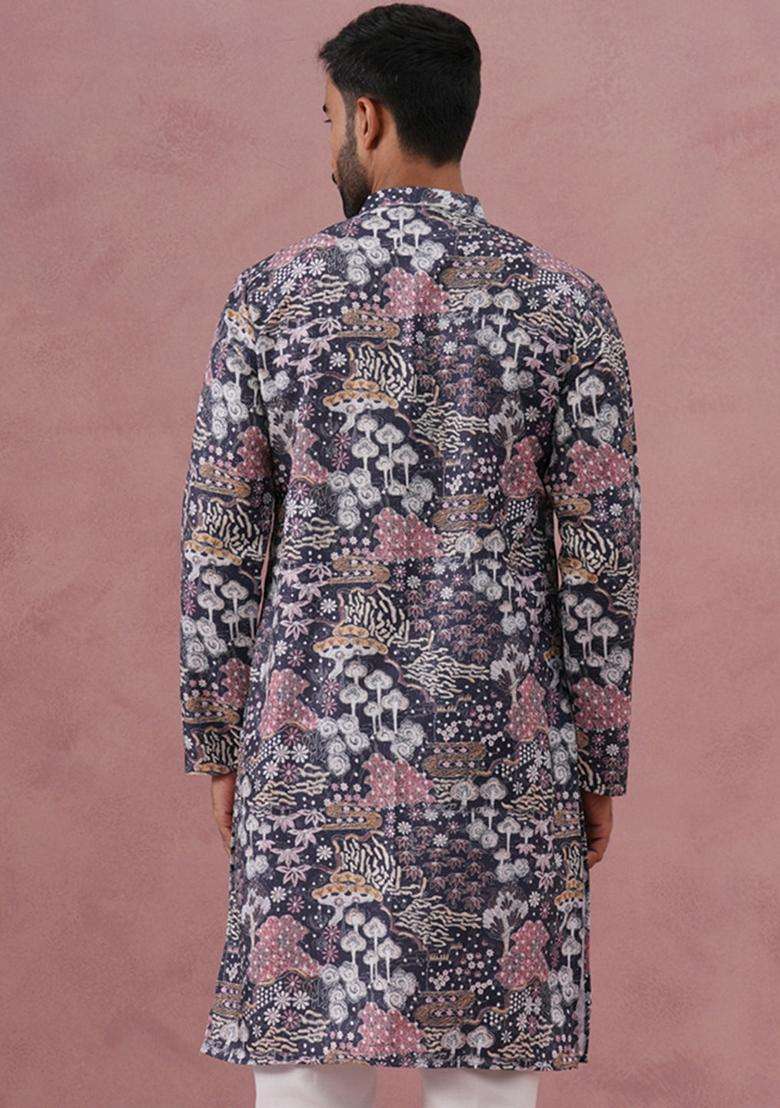 Grey Printed Cotton Kurta For Men - Indya