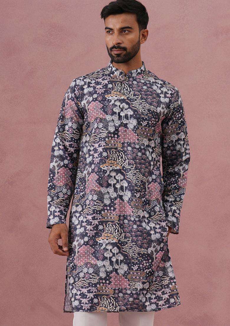 Grey Printed Cotton Kurta For Men - Indya